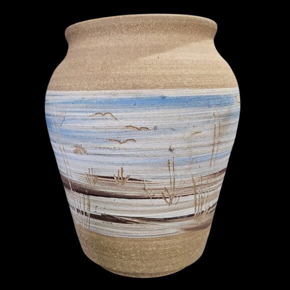 Prairie Pottery Vase Desert Scene Blue Brown Tan Handmade Southwest Art - Picture 2 of 7